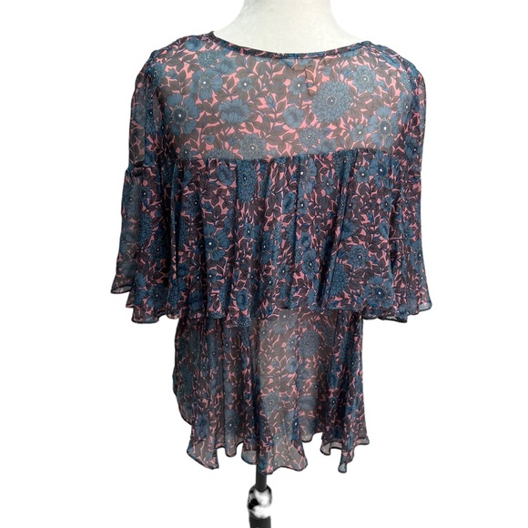 Rebecca Taylor Shibori Printed Blue Silk Ruffle Blouse Size S - Picture 8 of 12